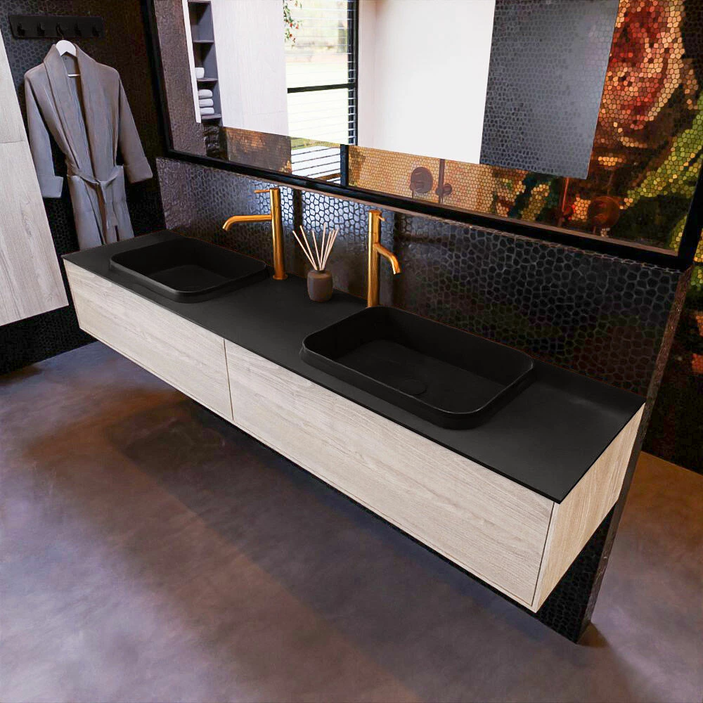 Mondiaz Erin 200cm Badmeubel Light Brown Grey Met 2 Lades En Zwarte Wastafel Dubbel 2 Kraangaten