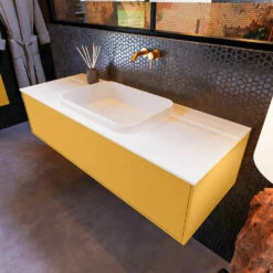 Mondiaz Erin 120cm Badmeubel Ocher Met 1 Lade En Witte Wastafel Midden Zonder Kraangaten