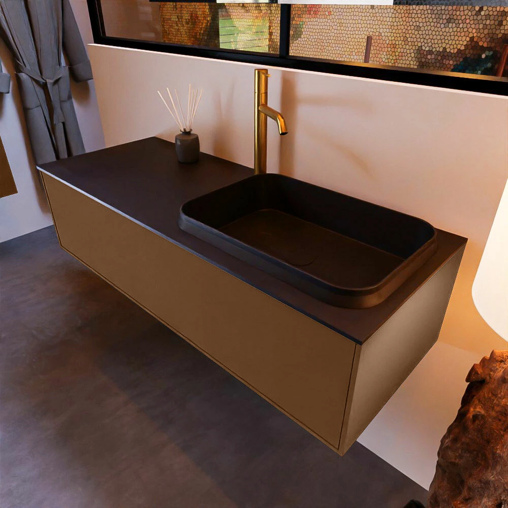 Mondiaz Erin 120cm Badmeubel Rust Met 1 Lade En Zwarte Wastafel Rechts 1 Kraangat