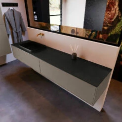 Mondiaz Erin 200cm Badmeubel Smoke Met 2 Lades En Zwarte Wastafel Links Zonder Kraangaten