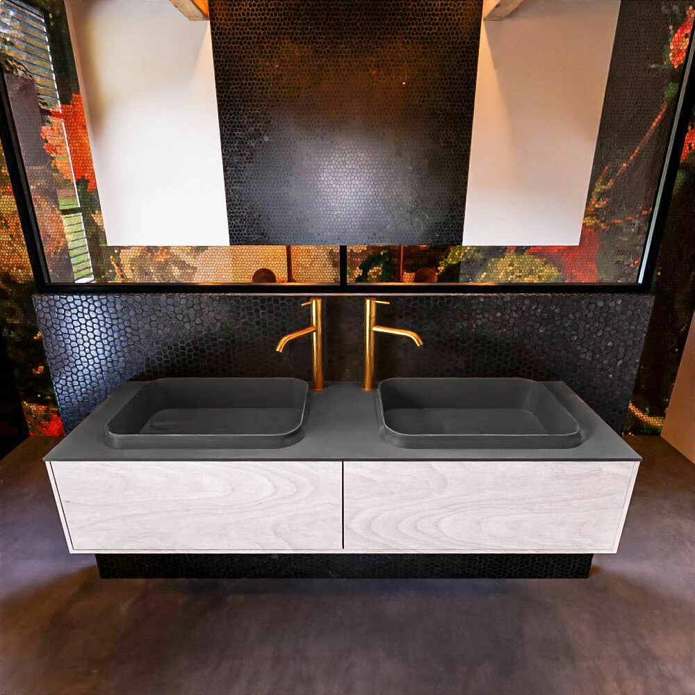 Mondiaz Erin 150cm Badmeubel Underlayment Met 2 Lades En Donkergrijze Wastafel Dubbel 2 Kraangaten - Afbeelding 2