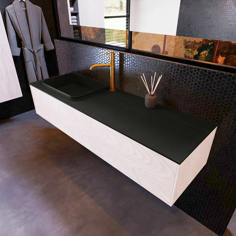 Mondiaz Erin 150cm Badmeubel Underlayment Met 1 Lade En Zwarte Wastafel Links 1 Kraangat