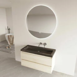 Fontana Freestone Badkamermeubel Beach Eiken 100cm Met Natuurstenen Wastafel Zonder Kraangat En Ronde Spiegel