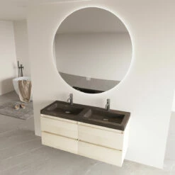 Fontana Freestone Badkamermeubel Beach Eiken 120cm Met Natuurstenen Wastafel 2 Kraangaten En Ronde Spiegel