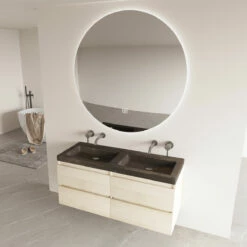 Fontana Freestone Badkamermeubel Beach Eiken 120cm Met Natuurstenen Wastafel Zonder Kraangaten En Ronde Spiegel