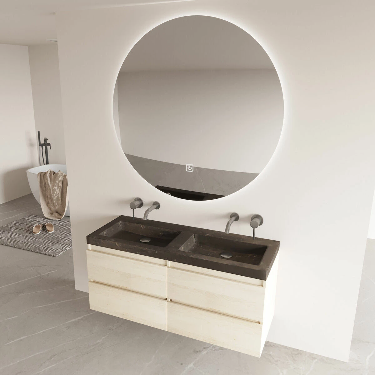 Fontana Freestone Badkamermeubel Beach Eiken 120cm Met Natuurstenen Wastafel Zonder Kraangaten En Ronde Spiegel