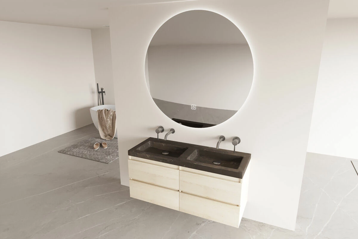 Fontana Freestone Badkamermeubel Beach Eiken 120cm Met Natuurstenen Wastafel Zonder Kraangaten En Ronde Spiegel - Afbeelding 2