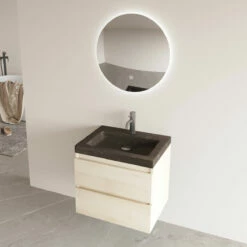 Fontana Freestone Badkamermeubel Beach Eiken 60cm Met Natuurstenen Wastafel 1 Kraangat En Ronde Spiegel