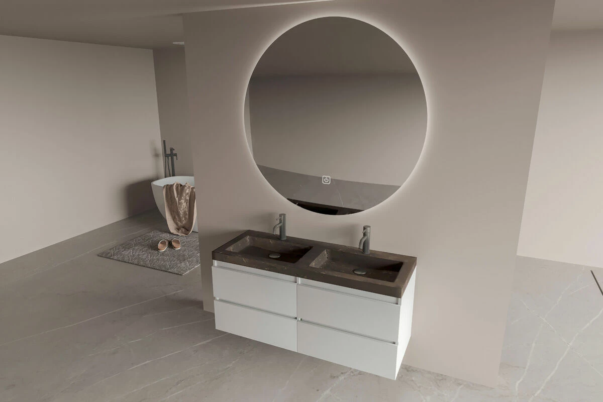 Fontana Freestone Badkamermeubel Mat Wit 120cm Met Natuurstenen Wastafel 2 Kraangaten En Ronde Spiegel - Afbeelding 2