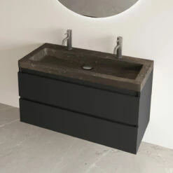 Fontana Freestone Badkamermeubel Mat Zwart 100cm Met Natuurstenen Wastafel 2 Kraangaten