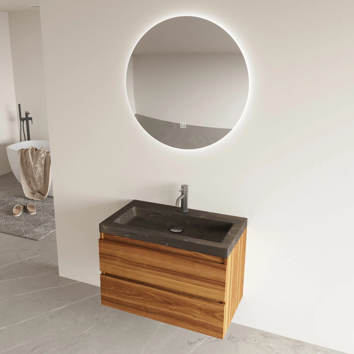 Fontana Freestone Badkamermeubel Walnoot 80cm Met Natuurstenen Wastafel 1 Kraangat En Ronde Spiegel