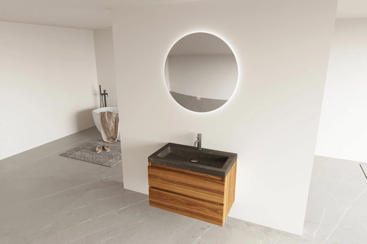 Fontana Freestone Badkamermeubel Walnoot 80cm Met Natuurstenen Wastafel 1 Kraangat En Ronde Spiegel - Afbeelding 2