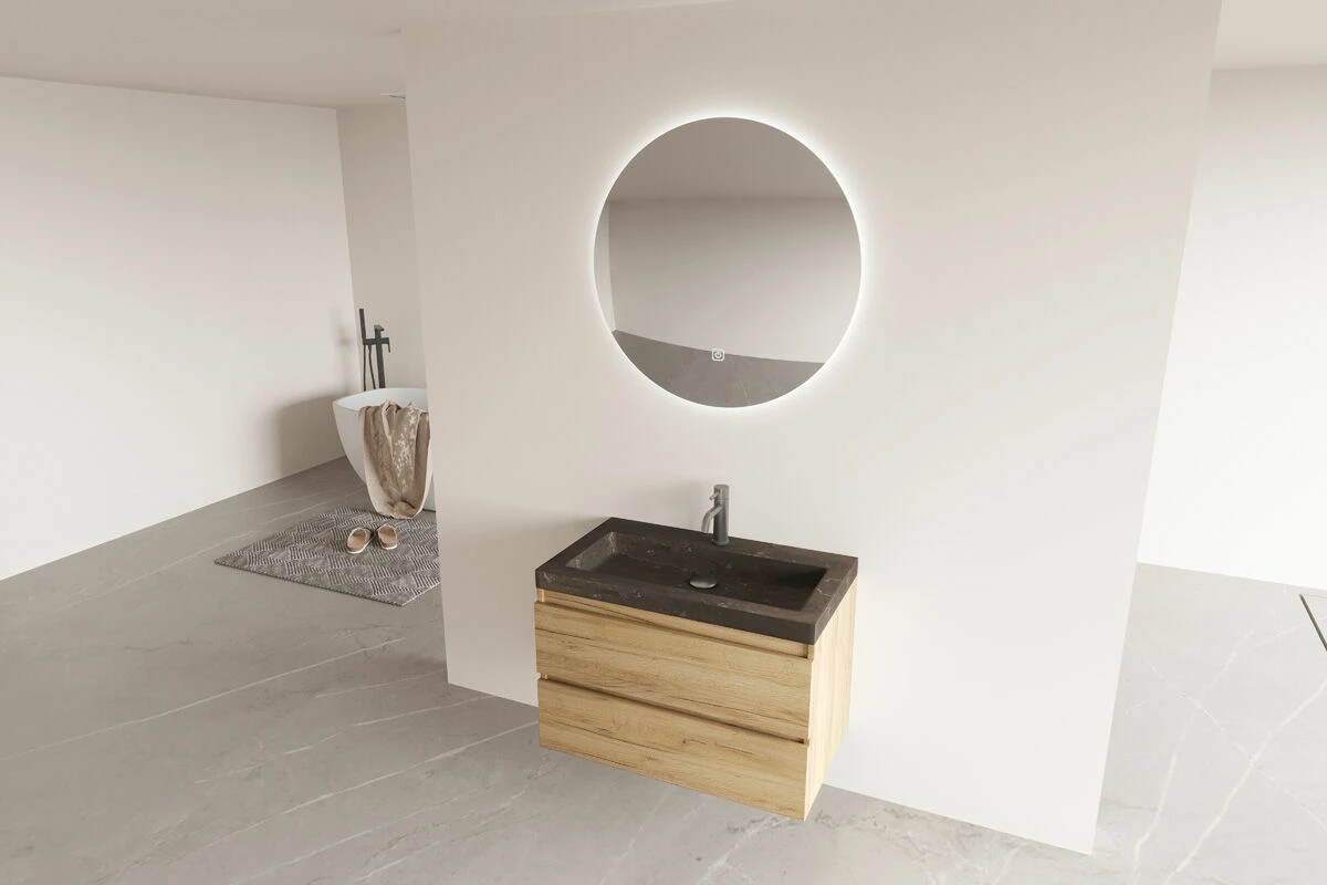 Fontana Freestone Badkamermeubel Warm Eiken 80cm Met Natuurstenen Wastafel 1 Kraangat En Ronde Spiegel - Afbeelding 2