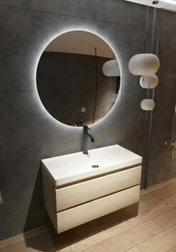 Fontana Kolo Wastafelmeubel Beach Eiken 100cm Glans Witte Wastafel 1 Kraangat Met Ronde Spiegel