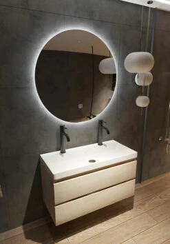 Fontana Kolo Wastafelmeubel Beach Eiken 100cm Mat Witte Wastafel 2 Kraangaten Met Ronde Spiegel