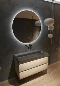 Fontana Kolo Wastafelmeubel Beach Eiken 100cm Zwarte Wastafel 0 Kraangaten Met Ronde Spiegel