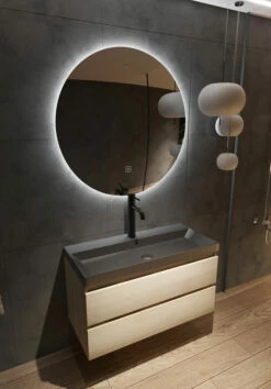 Fontana Kolo Wastafelmeubel Beach Eiken 100cm Zwarte Wastafel 1 Kraangat Met Ronde Spiegel