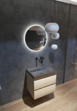 Fontana Kolo Wastafelmeubel Beach Eiken 60cm Zwarte Wastafel 0 Kraangaten Met Ronde Spiegel