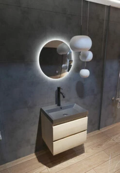 Fontana Kolo Wastafelmeubel Beach Eiken 60cm Zwarte Wastafel 1 Kraangat Met Ronde Spiegel