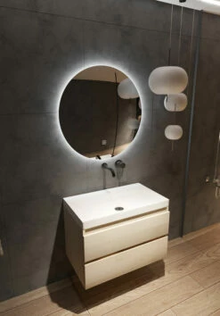 Fontana Kolo Wastafelmeubel Beach Eiken 80cm Glans Witte Wastafel 0 Kraangaten Met Ronde Spiegel