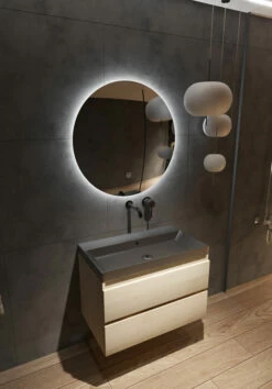 Fontana Kolo Wastafelmeubel Beach Eiken 80cm Zwarte Wastafel 0 Kraangaten Met Ronde Spiegel