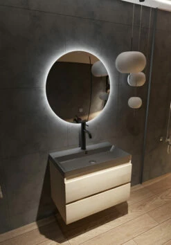 Fontana Kolo Wastafelmeubel Beach Eiken 80cm Zwarte Wastafel 1 Kraangat Met Ronde Spiegel