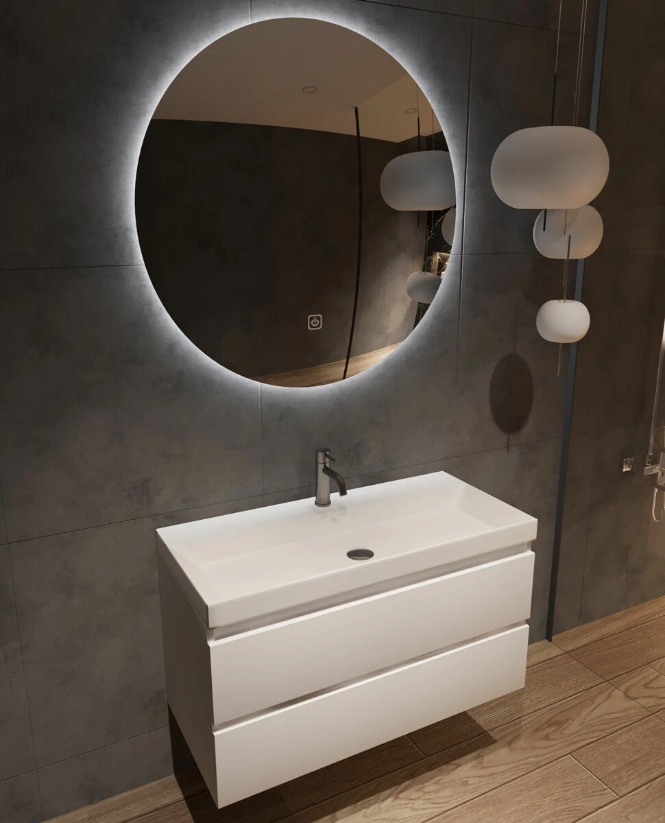 Fontana Kolo Wastafelmeubel Mat Wit 100cm Glans Witte Wastafel 1 Kraangat Met Ronde Spiegel