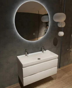 Fontana Kolo Wastafelmeubel Mat Wit 100cm Glans Witte Wastafel 2 Kraangaten Met Ronde Spiegel