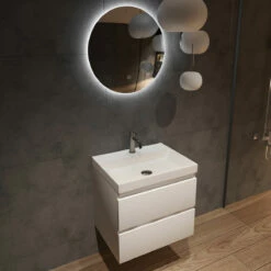 Fontana Kolo Wastafelmeubel Mat Wit 60cm Glans Witte Wastafel 1 Kraangat Met Ronde Spiegel