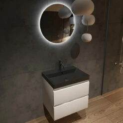 Fontana Kolo Wastafelmeubel Mat Wit 60cm Zwarte Wastafel 1 Kraangat Met Ronde Spiegel