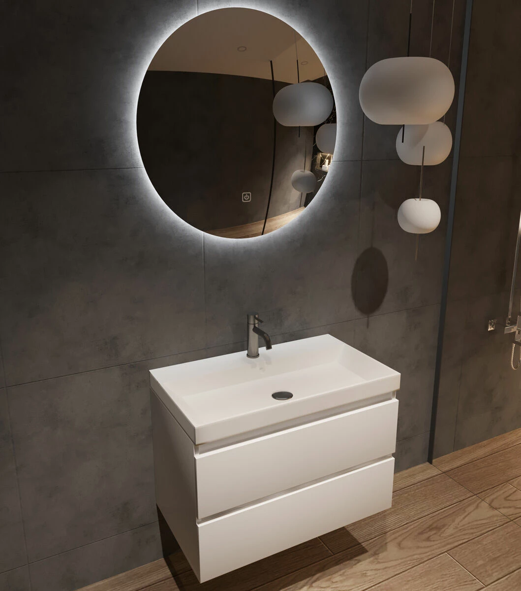 Fontana Kolo Wastafelmeubel Mat Wit 80cm Mat Witte Wastafel 1 Kraangat Met Ronde Spiegel