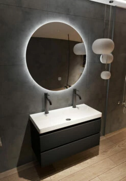 Fontana Kolo Wastafelmeubel Mat Zwart 100cm Glans Witte Wastafel 2 Kraangaten Met Ronde Spiegel