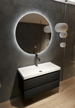 Fontana Kolo Wastafelmeubel Mat Zwart 100cm Mat Witte Wastafel 1 Kraangat Met Ronde Spiegel