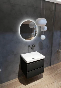 Fontana Kolo Wastafelmeubel Mat Zwart 60cm Mat Witte Wastafel 0 Kraangaten Met Ronde Spiegel