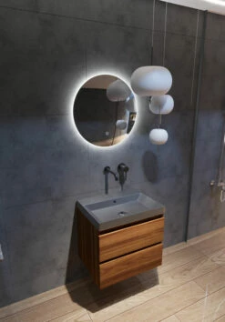 Fontana Kolo Wastafelmeubel Walnoot 60cm Zwarte Wastafel 0 Kraangaten Met Ronde Spiegel