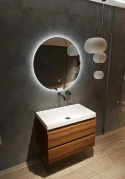 Fontana Kolo Wastafelmeubel Walnoot 80cm Glans Witte Wastafel 0 Kraangaten Met Ronde Spiegel