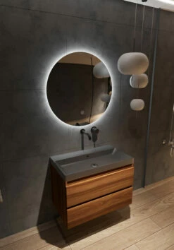 Fontana Kolo Wastafelmeubel Walnoot 80cm Zwarte Wastafel 0 Kraangaten Met Ronde Spiegel