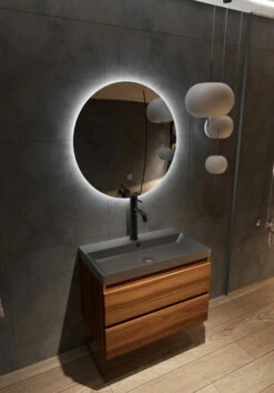 Fontana Kolo Wastafelmeubel Walnoot 80cm Zwarte Wastafel 1 Kraangat Met Ronde Spiegel