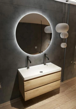 Fontana Kolo Wastafelmeubel Warm Eiken 100cm Glans Witte Wastafel 2 Kraangaten Met Ronde Spiegel