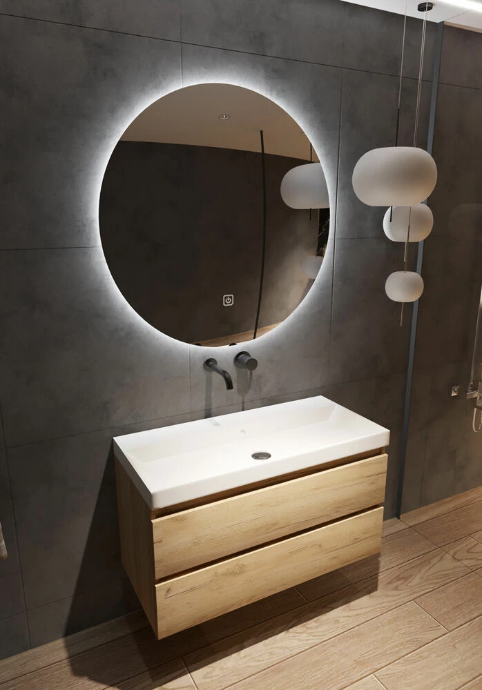 Fontana Kolo Wastafelmeubel Warm Eiken 100cm Mat Witte Wastafel 0 Kraangaten Met Ronde Spiegel