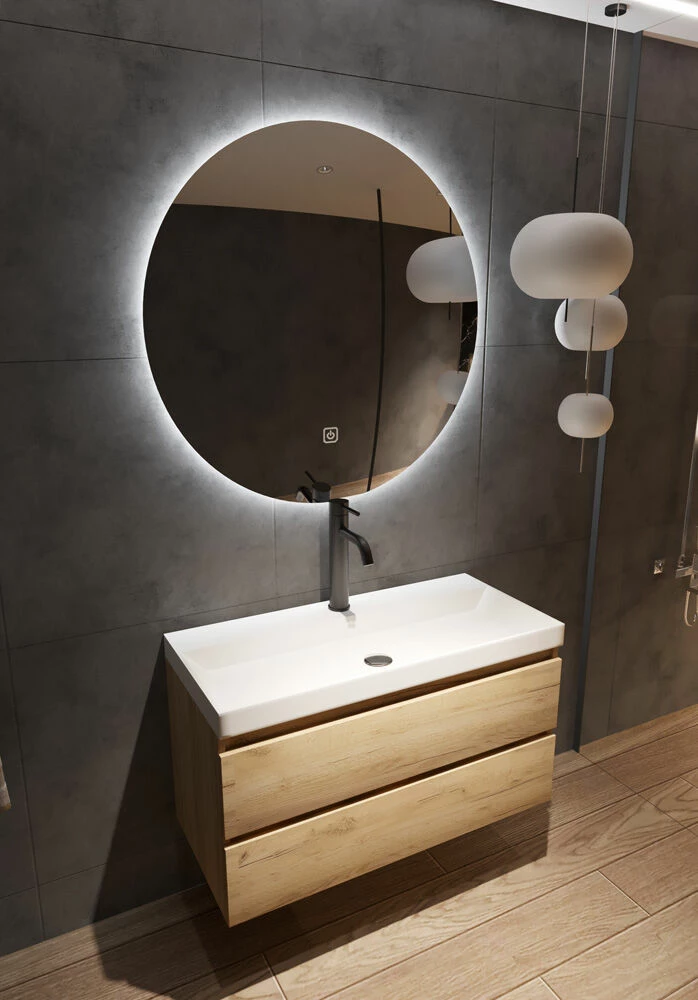 Fontana Kolo Wastafelmeubel Warm Eiken 100cm Mat Witte Wastafel 1 Kraangat Met Ronde Spiegel