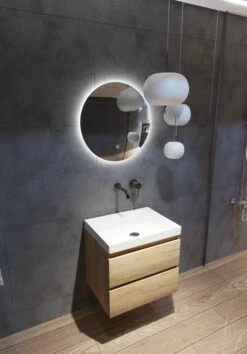 Fontana Kolo Wastafelmeubel Warm Eiken 60cm Glans Witte Wastafel 0 Kraangaten Met Ronde Spiegel