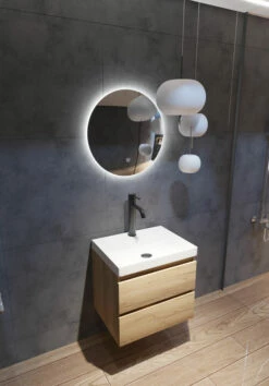 Fontana Kolo Wastafelmeubel Warm Eiken 60cm Mat Witte Wastafel 1 Kraangat Met Ronde Spiegel