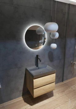 Fontana Kolo Wastafelmeubel Warm Eiken 60cm Zwarte Wastafel 1 Kraangat Met Ronde Spiegel