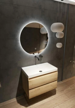 Fontana Kolo Wastafelmeubel Warm Eiken 80cm Mat Witte Wastafel 0 Kraangaten Met Ronde Spiegel