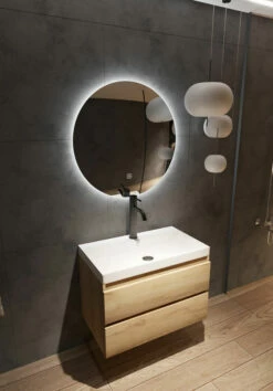 Fontana Kolo Wastafelmeubel Warm Eiken 80cm Mat Witte Wastafel 1 Kraangat Met Ronde Spiegel