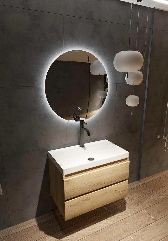 Fontana Kolo Wastafelmeubel Warm Eiken 80cm Mat Witte Wastafel 1 Kraangat Met Ronde Spiegel