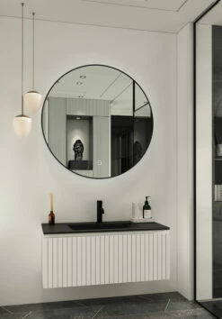 Fontana Lento Wit Badkamermeubel Ribbelfront Met Zwarte Wastafel 100cm 1 Kraangat En Ronde Spiegel