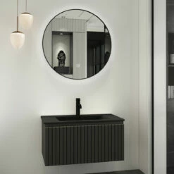 Fontana Lento Zwart Badmeubel Ribbelfront 80cm Met Zwarte Wastafel 1 Kraangat En Ronde Spiegel