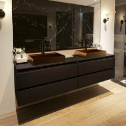 Fontana Maido Mat Zwart Badkamermeubel 200cm Met Vierkante Waskom Mat Rose Goud